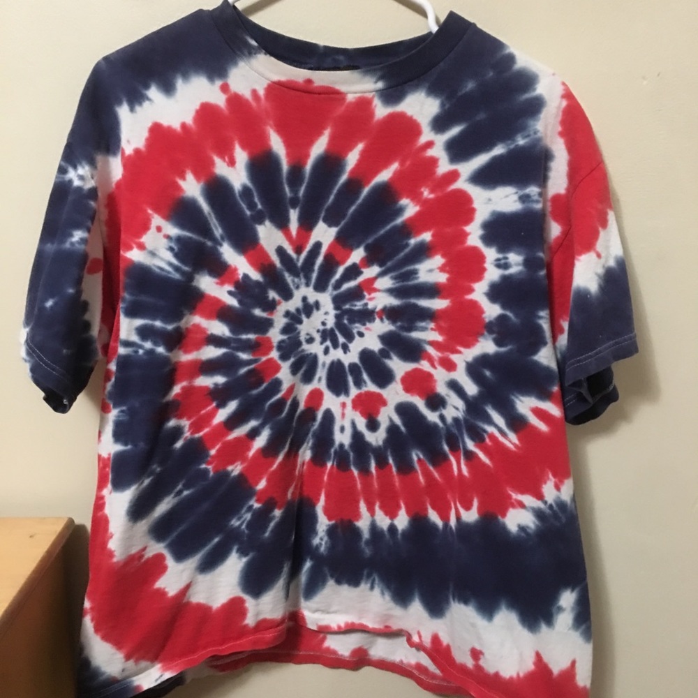 red white and blue tye dye shirt